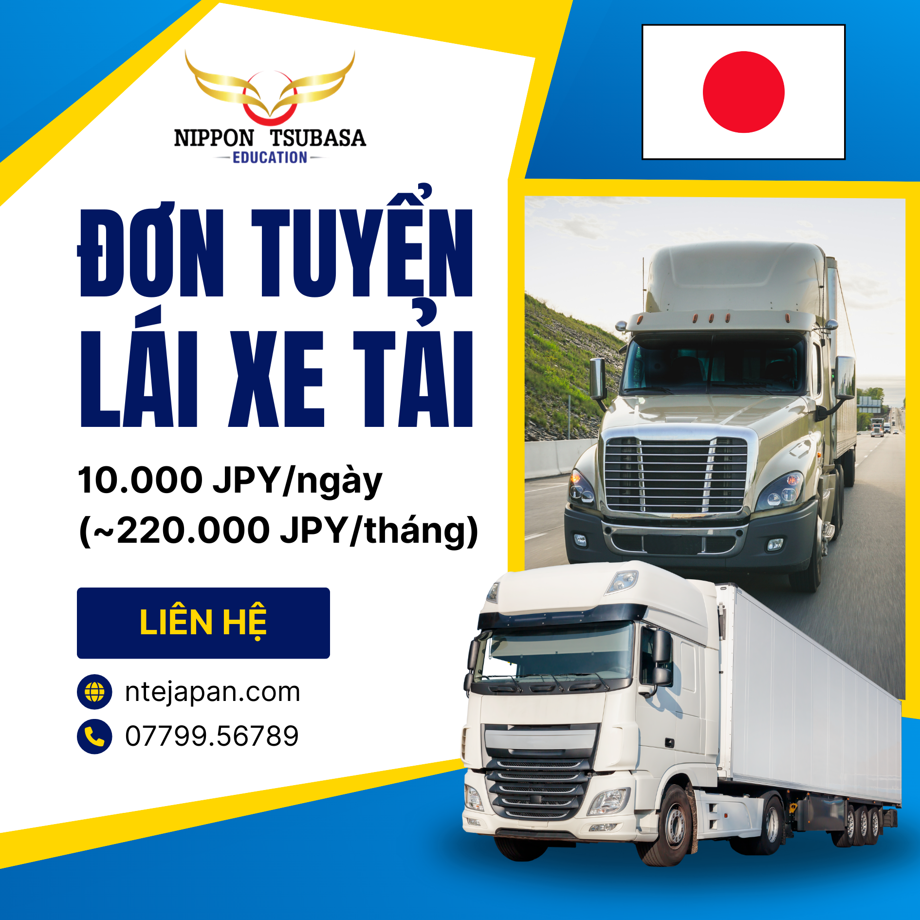 Tuyển dụng tài xế lái xe tải 10 tấn đi Nhật – Thu nhập 200.000 yên/tháng, visa kỹ năng đặc định, hỗ trợ toàn diện